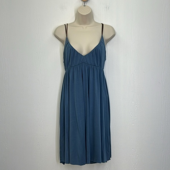 Free People - Blue V Neck With Brown Suede Spaghetti Straps Mini Dress Medium - Picture 2 of 11